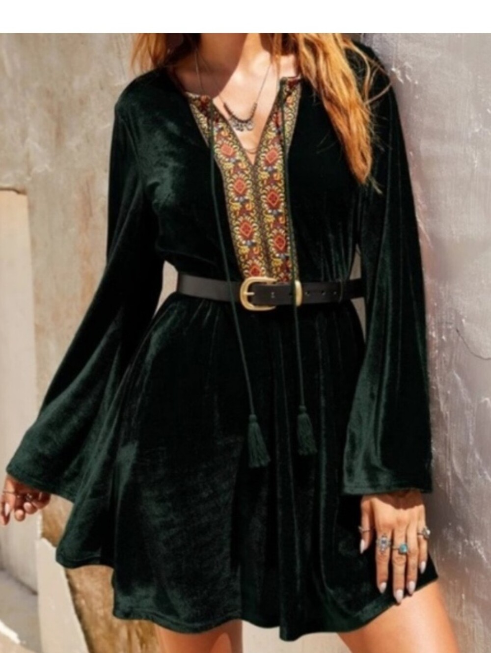 Rustty DusttyVelvet/Velour Embroidered V-Neck Boho Dress in Dark Green XL